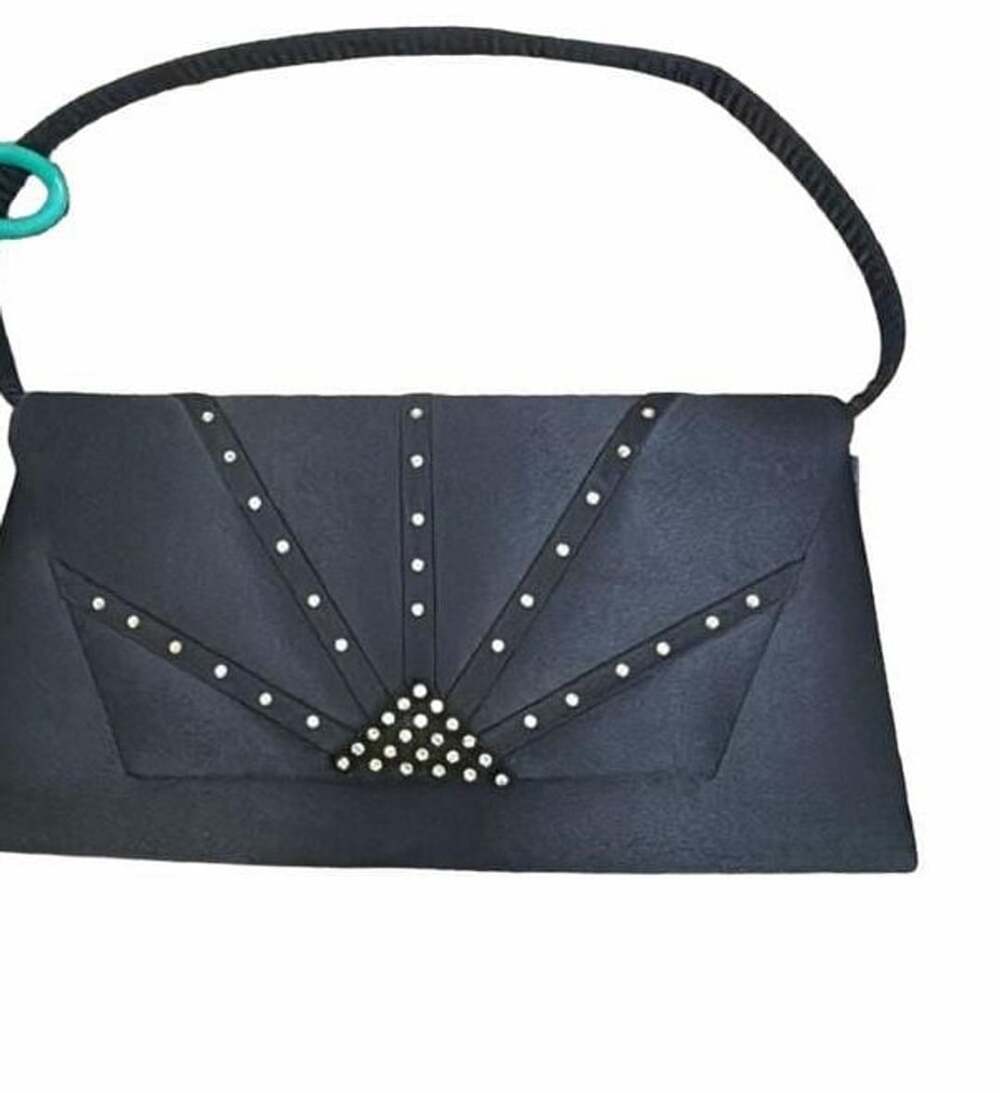 Jessica McClintock Satin Evening Bag Navy Blue Rhinestone Clutch Strap